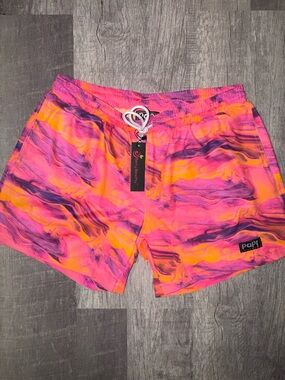 Papi Men’s Swim Trunks Size M – Pink Purple Yellow Marble Print 5” Inseam